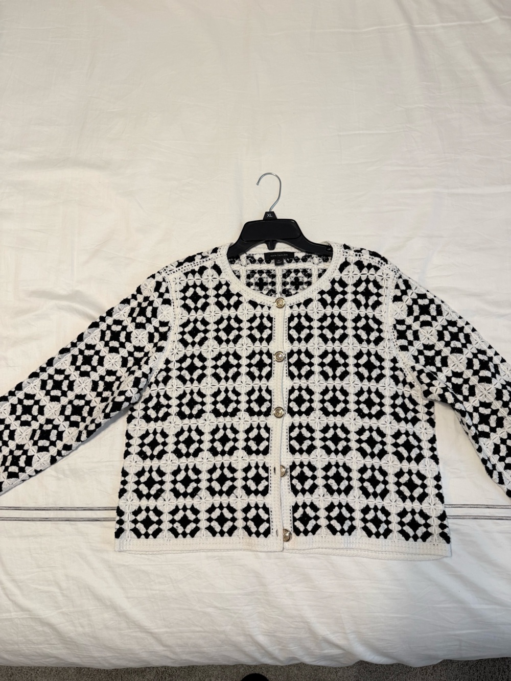 Ann Taylor Black and White Crochet Knit Button Cardigan, XL